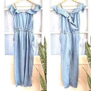 MICHAEL Stars Chambray Linen Denim Cropped Jumpsuit Cold Off Shoulder Small